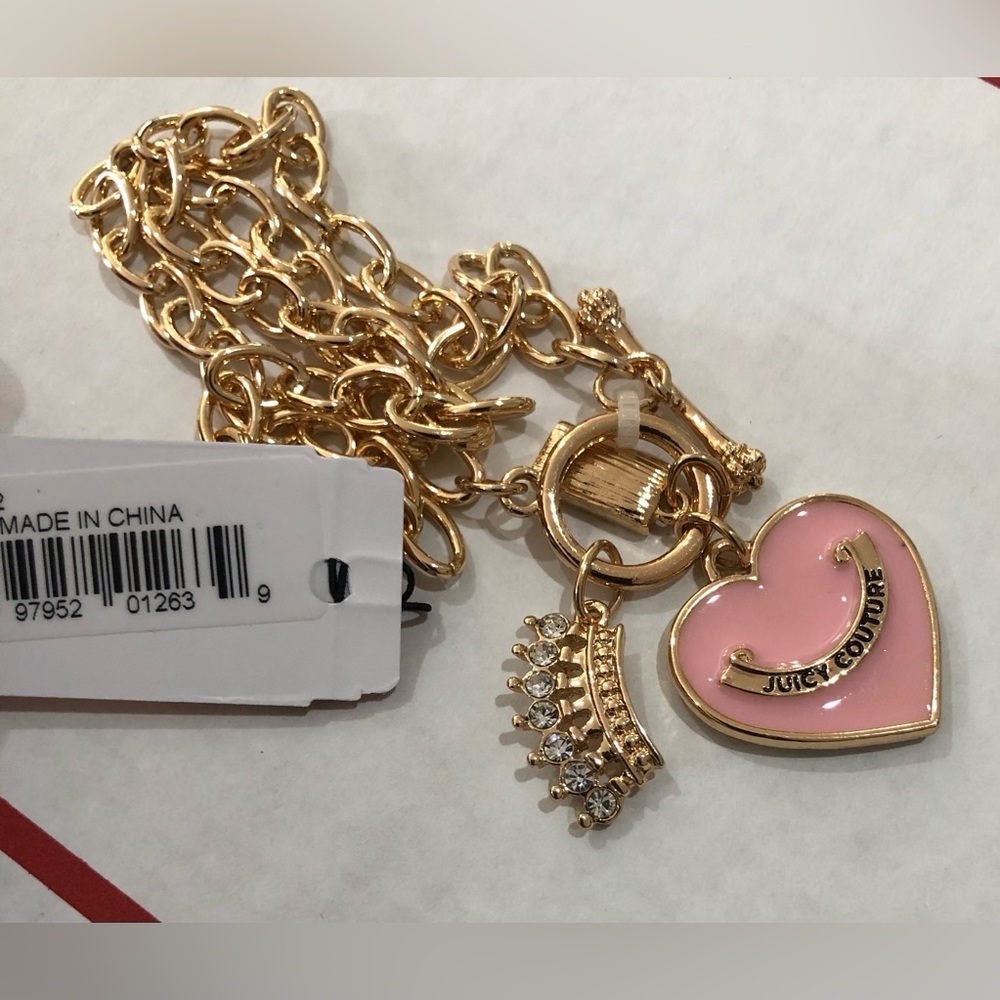 Juicy Couture chain link gold plated Juicy pink heart shaped charm necklace new